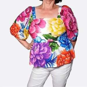 FARM Rio‎ Rainbow Chita Luxury Peplum Blouse Plus 1X XL Vibrant Tropical Floral